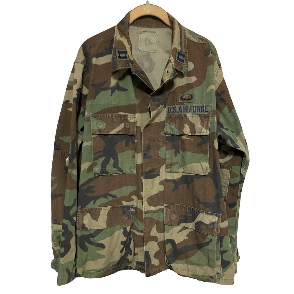 US Air Force Woodland Camo BDU Jacket Ripstop Medium Regular Captain Insignia